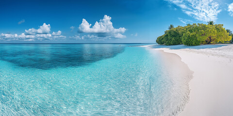 Idyllic tropical beach with white sand and turquoise water lapping the shore