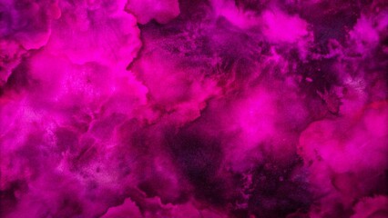 Wall Mural - Neon dark grungy abstract paper textured aquarelle canvas for modern design. Bright light pink ink watercolor on black background. Dark magenta watercolor on black background. 