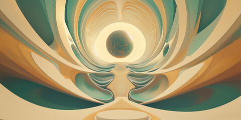 Poster - Futuristic interior leading to a distant planet with a podium in the foreground