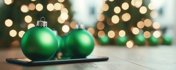 Poster - Green Christmas Ornaments on a Smartphone with Blurred Lights in the Background.