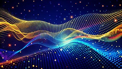 Wall Mural - Musical wave. Digital technology background. Abstract structure with glowing dots. Big data. Futuristic digital hexagonal grid. Abstract dark background of particle flow. Science, technology