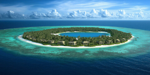 Tropical island resort surrounded by azure lagoon and coral reef