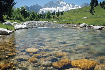 Wall Mural - Crystal Clear Stream Flowing Through Rocky Mountain Valley