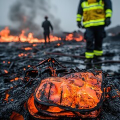 Firefighter stands near glowing hot lava, demonstrating the power of nature and human resilience.