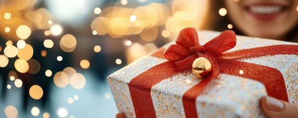 Poster - Closeup Of Woman Hand Holding Gift Box With Red Bow And Gold Glitter.