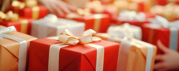 Sticker - Red and Gold Gift Boxes with White Ribbons.