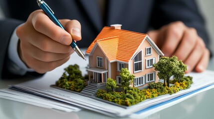 Real estate model, person with pen