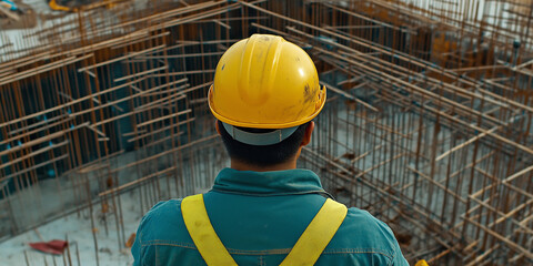 Construction site supervisor wearing hard hat inspecting building foundation