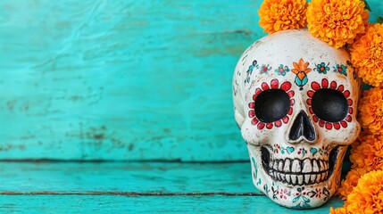 Decorative sugar skull with red floral details, surrounded by marigold flowers, placed on a rustic turquoise wooden surface. Day of the Dead altar and celebration concept