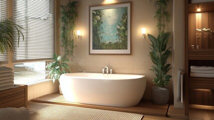 Modern Bathroom Interior with Freestanding Bathtub, Large Window, and Lush Green Plants.