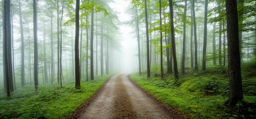 A serene forest path shrouded in mist, inviting exploration and tranquility.