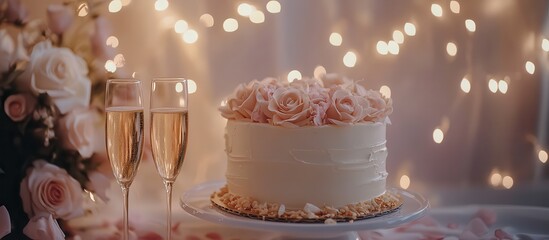 A beautifully decorated wedding cake surrounded by sparkling lights and elegant champagne glasses, set for a romantic celebration.