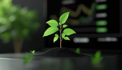 young green plant grows from dark soil, symbolizing growth and sustainability in finance, with financial charts in background representing economic progress