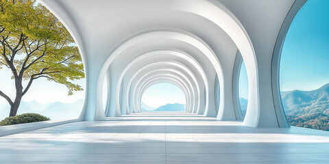 Leinwandbilder - White futuristic corridor framing mountain landscape