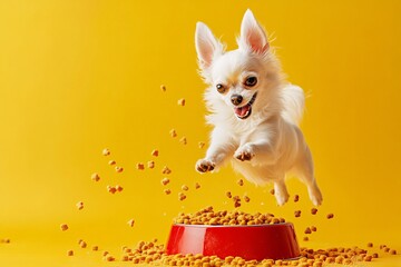 A joyful small dog leaps excitedly into the air at home, catching flying treats above a red bowl filled with dog food