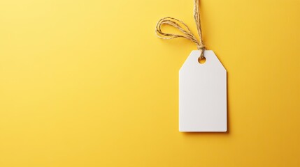 Blank white price tag floating on a yellow background, tied with string.