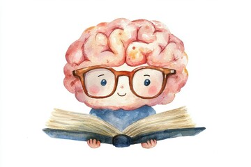 A cute, cartoon brain character wearing glasses and reading a book, symbolizing knowledge and learning in a fun way.