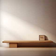 Tatami bench in Japanese woodwork with a minimal background configuration, ample space, neutral color, wooden bench, cement, wall, floor, ground, natural light.