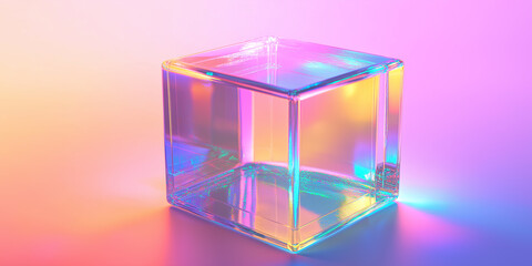 Poster - Empty glass cube casting colorful reflections on surface