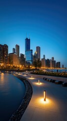 Chicago skyline illuminating at dusk from a winding walkway