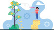 © GlooStock - A person standing on coin stacks uses a telescope to observe a money tree, symbolizing financial growth and vision. Coins are falling from the tree into a pile.