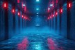 © Outkast - A dimly lit hallway with tiled walls and a sink at the end, illuminated by red and blue neon lights.