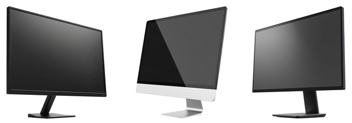 Three modern computer monitors arranged creatively, showcasing sleek designs and innovation against a white isolate background.