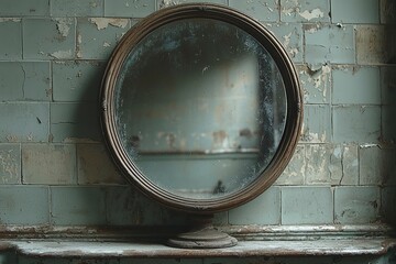 Wall Mural - A weathered oval mirror with a wooden frame mounted on a peeling tiled wall