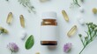 © Wild Dream - Brown glass supplement bottle with scattered capsules and flowers on white surface representing holistic wellness