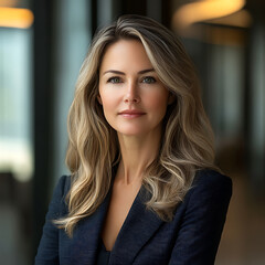 A confident female executive with long, wavy blonde hair poses for professional headshot in modern office setting, exuding professionalism and poise