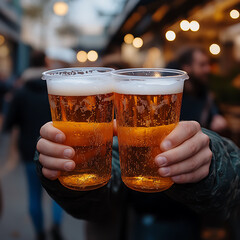 Cheers to good times with two plastic cups filled with refreshing beer, perfect for social gatherings and celebrations. Enjoy vibrant atmosphere!