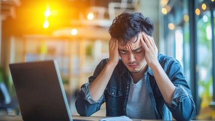 In an office setup, a man appears overwhelmed, stressed, and tired amidst lush greenery, a laptop, and a desk, symbolizing workrelated burnout