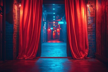 Red Curtains Reveal a Dark, Blurry Alleyway with Neon Lights