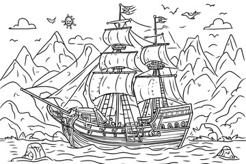 Pirate ship sailing under cloudy sky hand drawn illustration. Black and white children's coloring page