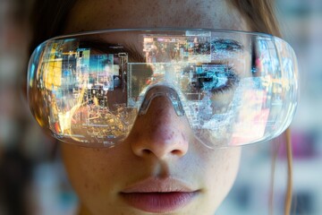 Software engineer wearing augmented reality glasses working with software code