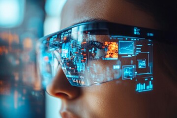 Software developer is using augmented reality glasses to analyze code and data