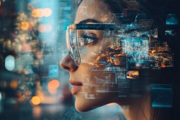 Software developer is using augmented reality glasses to analyze code and data