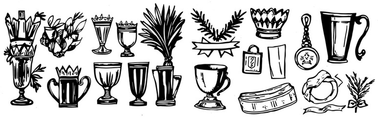 Award set with hand drawn icons, vintage prizes for winners, medals for first place in sports, outline set of success and victory signs.