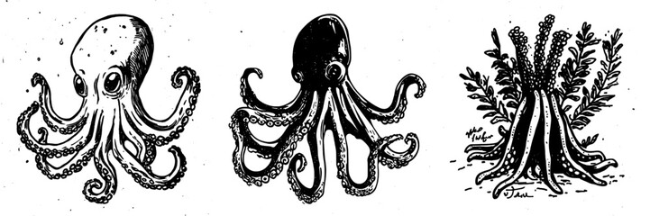 Modern illustration of octopus tentacles reaching upwards. Hand drawn sketch style drawing. Retro marine style. Ideal for nautical designs and menus.