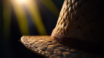 Close-up of a woven straw hat with a brown band, illuminated by a warm, golden light.