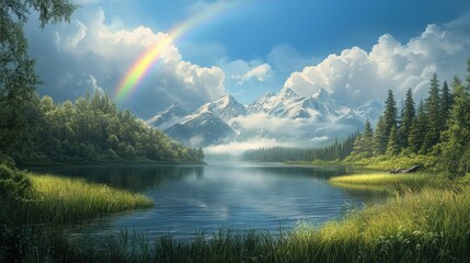 Sticker - Serene lake surrounded by tall grass and trees, with a vibrant rainbow arching over a distant mountain range