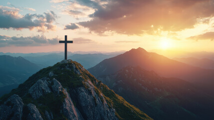 stunning cross stands atop mountain, silhouetted against vibrant sunset. scene captures beauty of nature and serenity of moment, evoking sense of peace and reflection