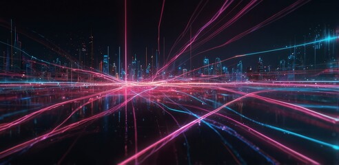Wall Mural - an abstract digital wallpaper featuring vibrant pink and blue glowing neon lines that weave and flow