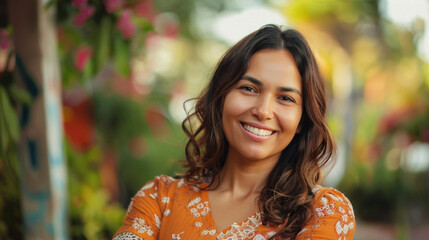 portrait of beautiful latin woman looking into camera and smiling in summer orange dress with park n