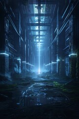 Poster - Underground Futuristic Fuel Refinery with Massive Steel Beams and Glowing Tanks