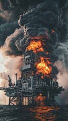 Wall Mural - intense fire at offshore oil rig. gray metal structure engulfed in flames, black smoke billows, chao