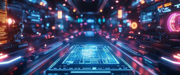 Fototapete - Futuristic corridor with glowing blue and red lights.