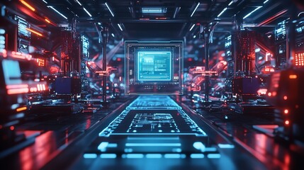 Fototapete - Futuristic data center with glowing blue and red lights, showing a large central processor unit.