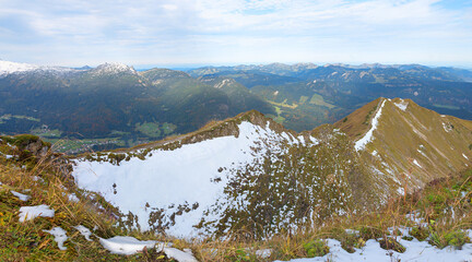 Wall Mural - beautiful tightrope hiking trail along fellhorn mountain ridge, allgau alps, near oberstdorf