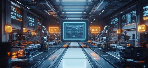 Fototapete - Futuristic factory interior with robotic arms and digital displays.